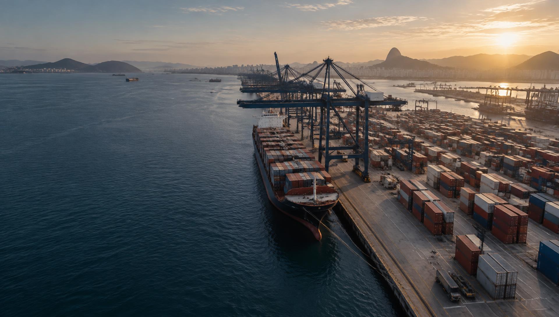 Terminal portuário brasileiro com navio e contêineres