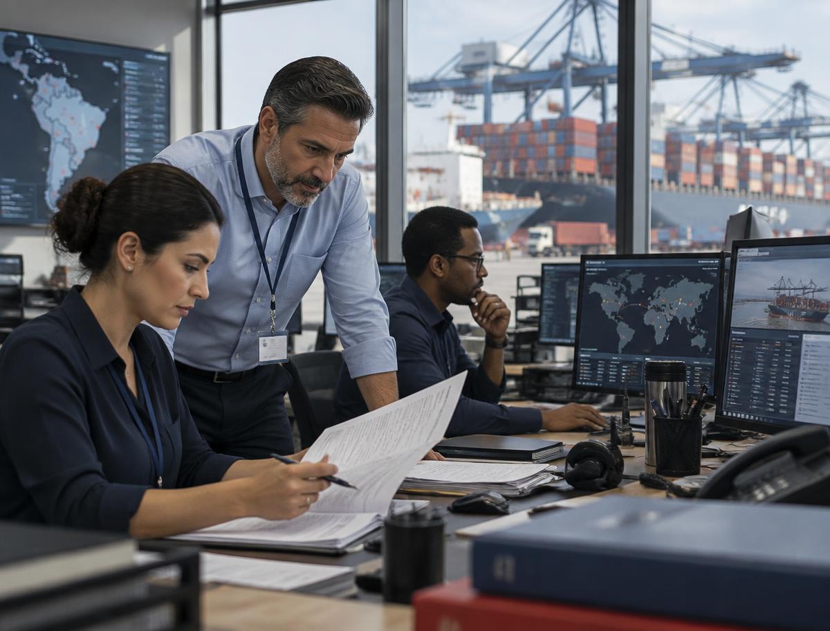 Equipe especializada analisando operações de comércio exterior
